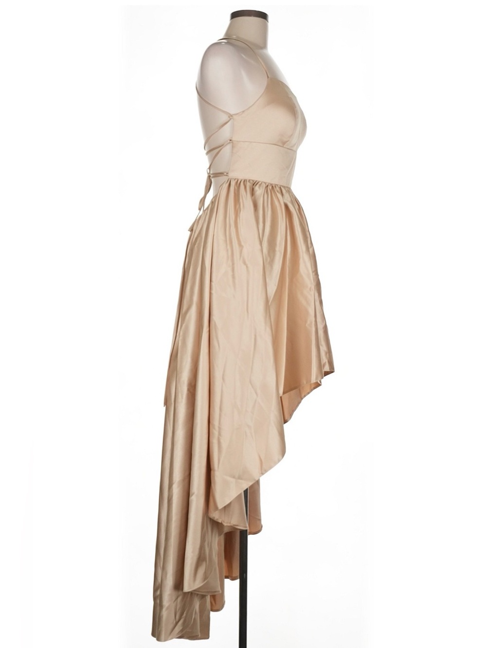 JJ’s House Champagne Satin High-Low Lace-Up Open Back Cocktail Dress | 6 - Picture 3 of 7